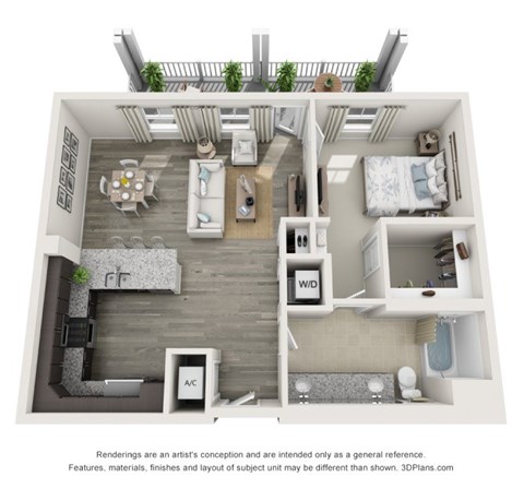 Floor plan for 1 bed, 1 bath, 899 sqft